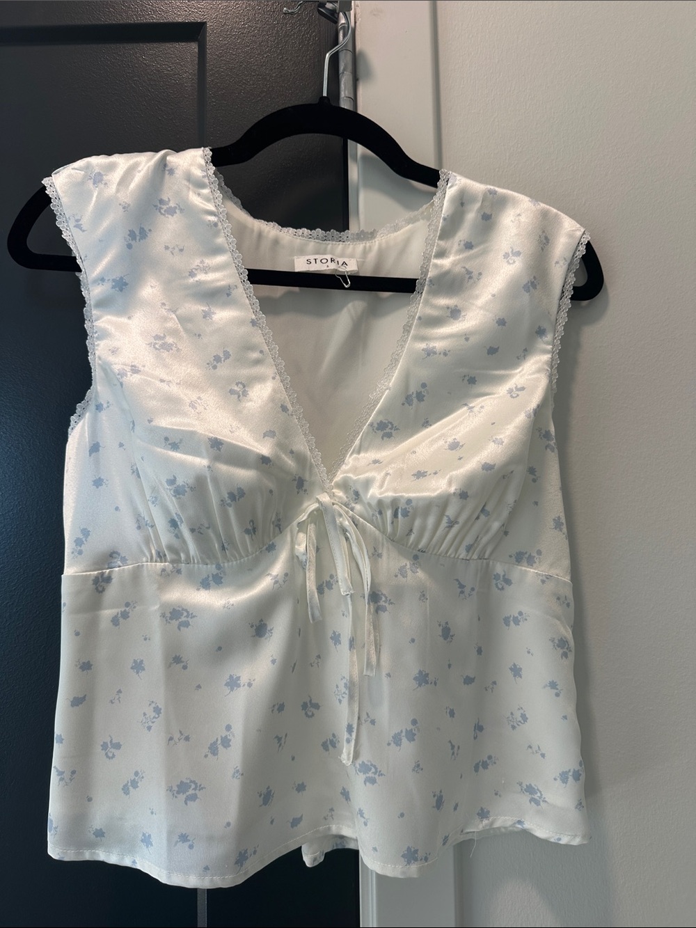 Storia White Satin Chemise Top with Light Blue Floral Print